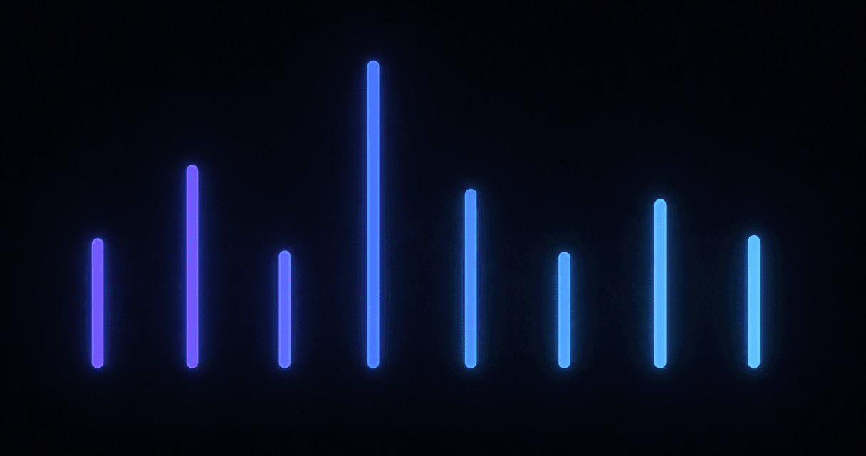 Eight glowing panels of different sizes arranged in a grid on a dark background, in indigo and blue