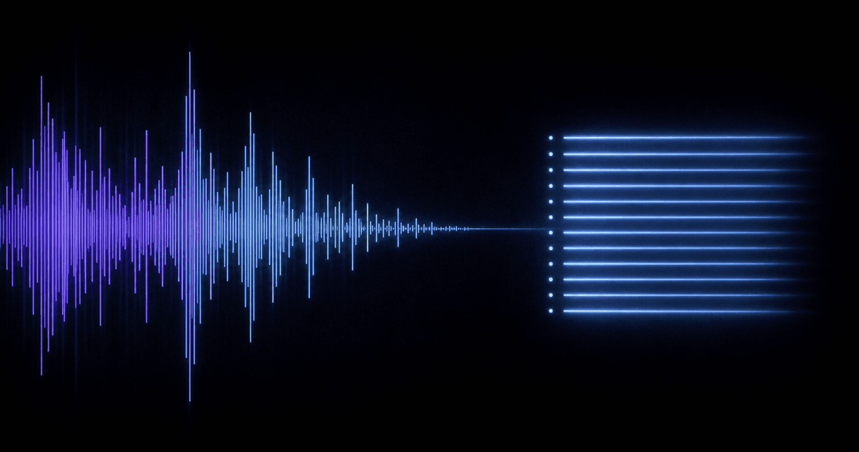 An audio waveform on the left resolving into a stack of timestamped text lines on the right, in indigo and blue on a dark background