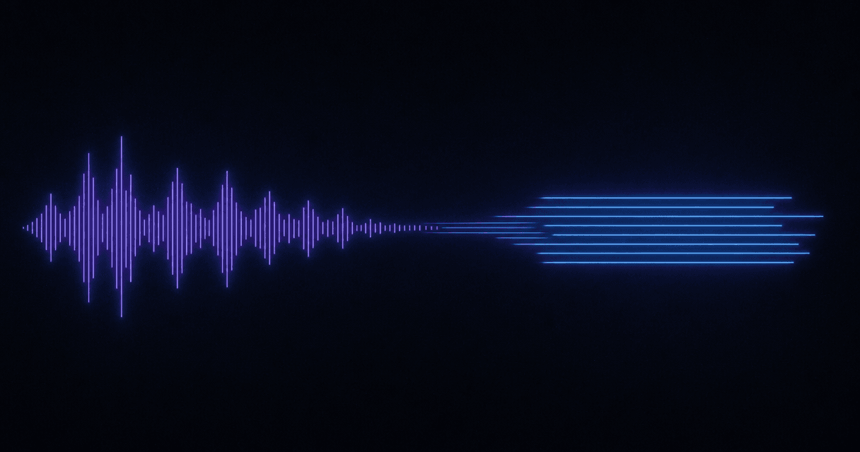 A sound waveform on the left flattening into stacked horizontal lines of text on the right, in indigo and blue on a dark background