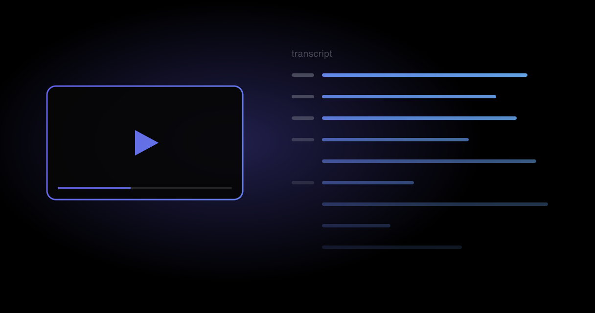 A glowing video scrubber bar with a playhead above a stack of timestamped text lines, in indigo and blue on a dark background