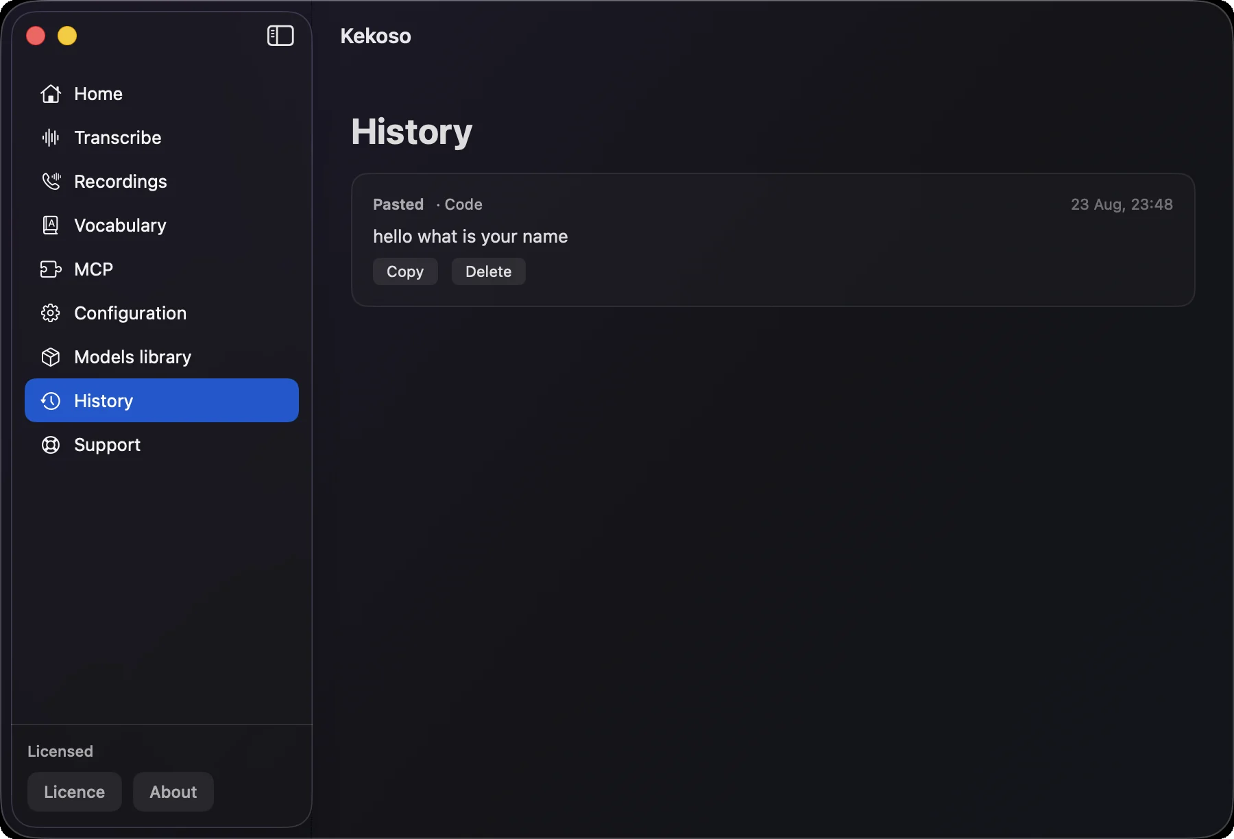 Kekoso’s History screen with a saved transcript, the app it was pasted into and copy and delete buttons