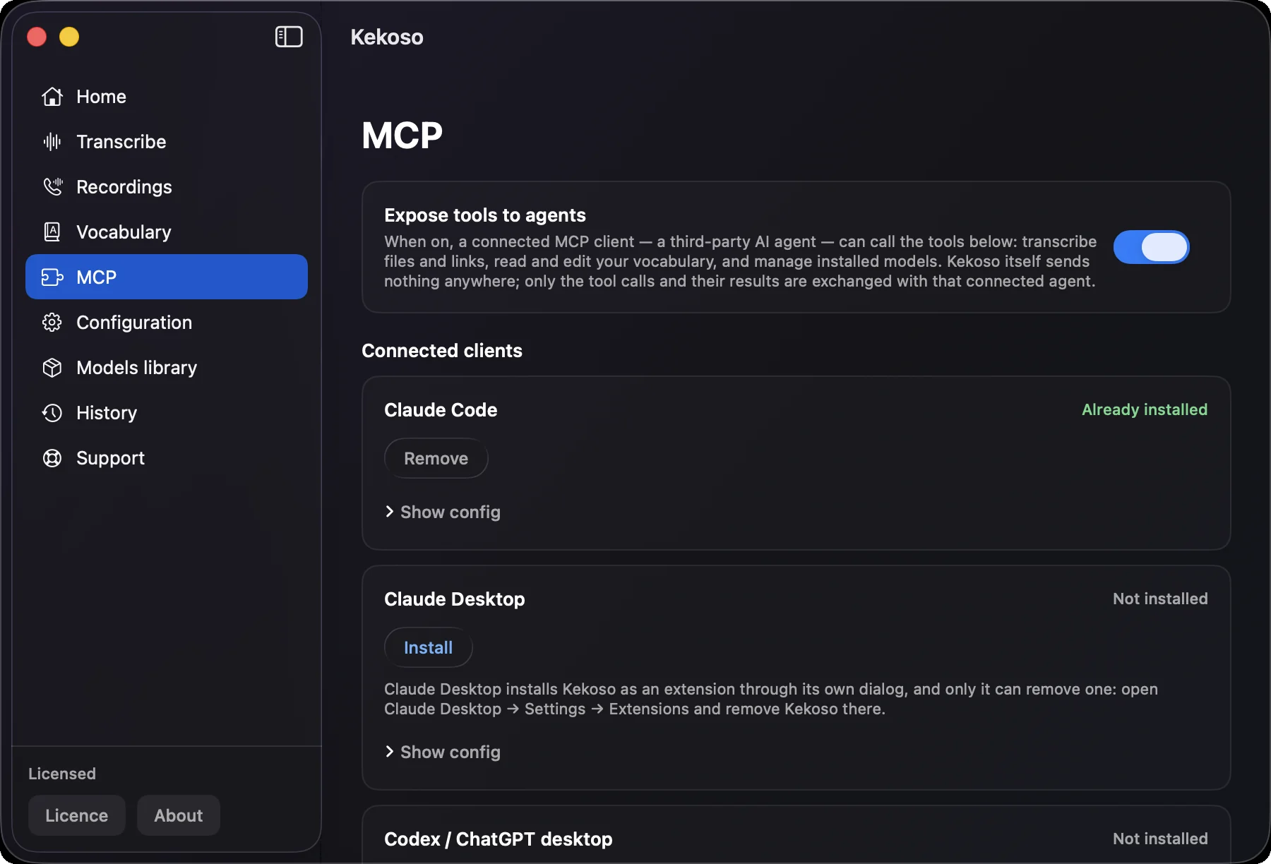 Kekoso’s MCP screen: the tools toggle and Claude Code, Claude Desktop and Codex listed as connected clients