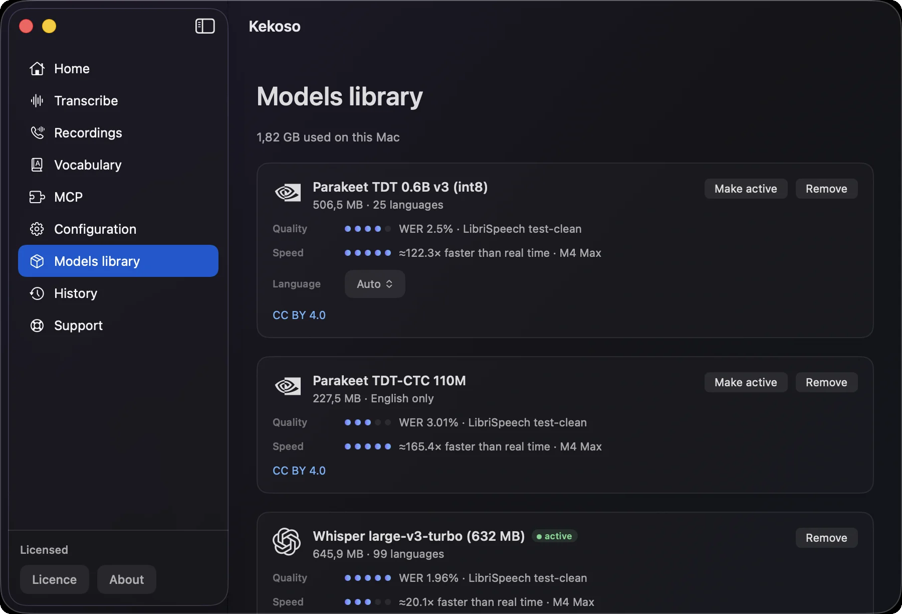 Kekoso’s Models library with Parakeet and Whisper models, each showing word error rate and speed