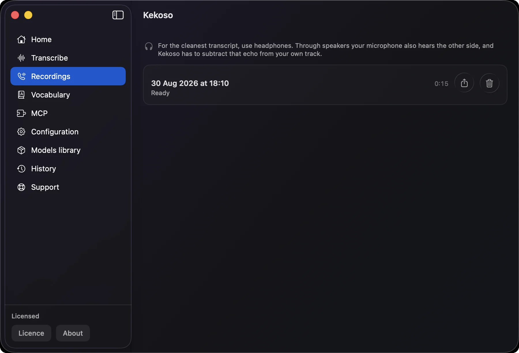 Kekoso’s Recordings screen with a finished call recording ready to transcribe