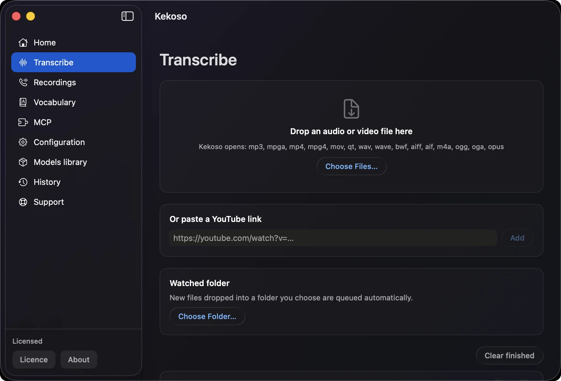 Kekoso’s Transcribe screen: a drop zone for audio and video files, a field for a YouTube link and a watched folder