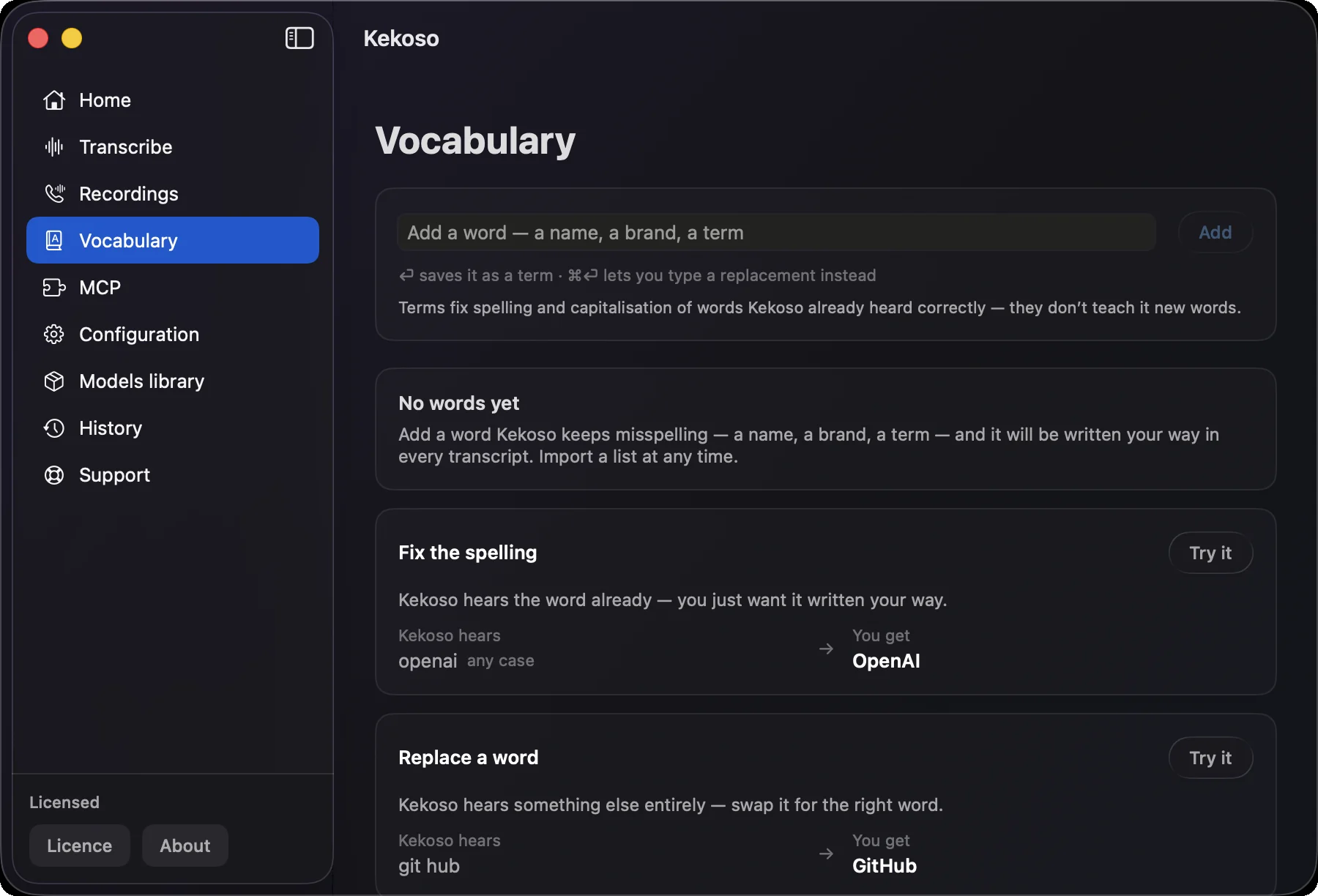 Kekoso’s Vocabulary screen showing spelling fixes and word replacements, openai to OpenAI and git hub to GitHub